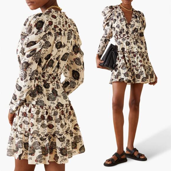 Ulla Johnson 4 Winsor Ruffled Floral Puff Shoulder Long Sleeve Mini Dress Cream - Picture 1 of 12